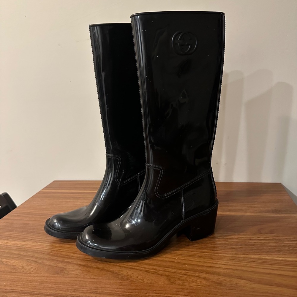 Gucci Black Rubber Interlocking G Logo Rain Boots Block Heel Size 41